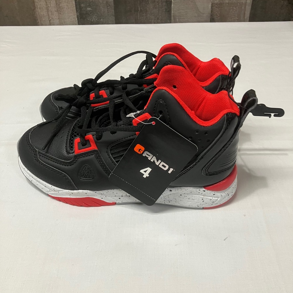 AND1 Riot Kids Basketball Shoes Black Red White High Top Sneakers Size 4 NEW NWT